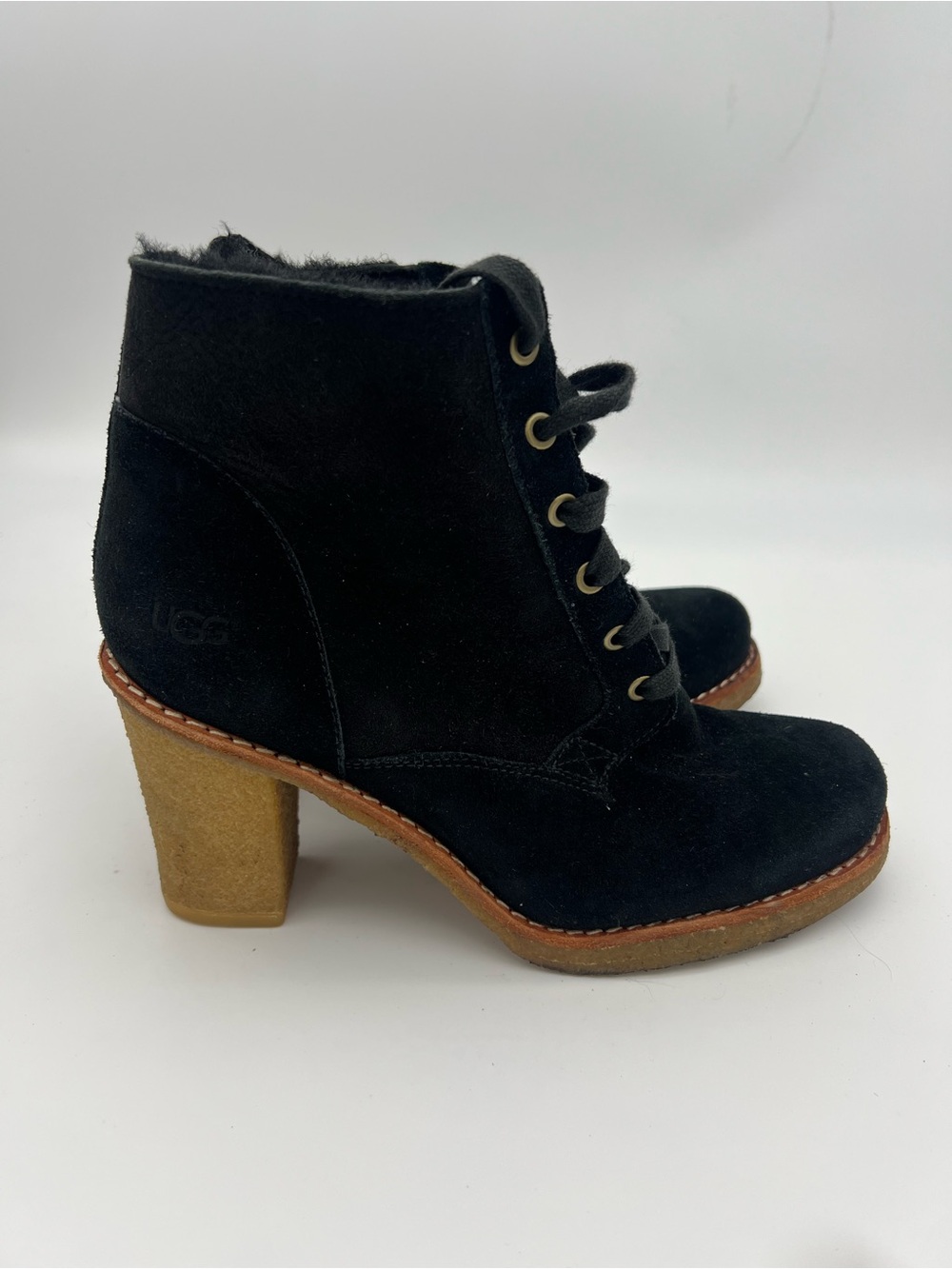 UGG Sofia black suede leather lace up boots chunky heel sheepskin women’s size 8